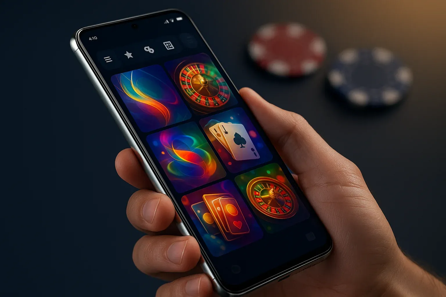 Hyperrealistic Android smartphone showing premium casino app interface, dramatic studio lighting
