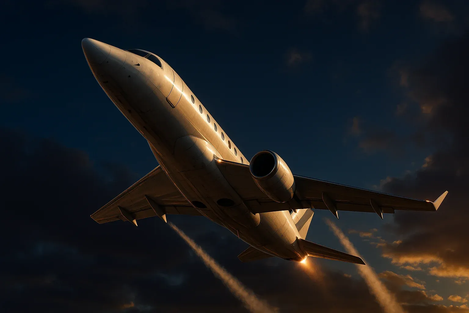 Hyperrealistic white jet climbing steeply in deep blue sky with contrails