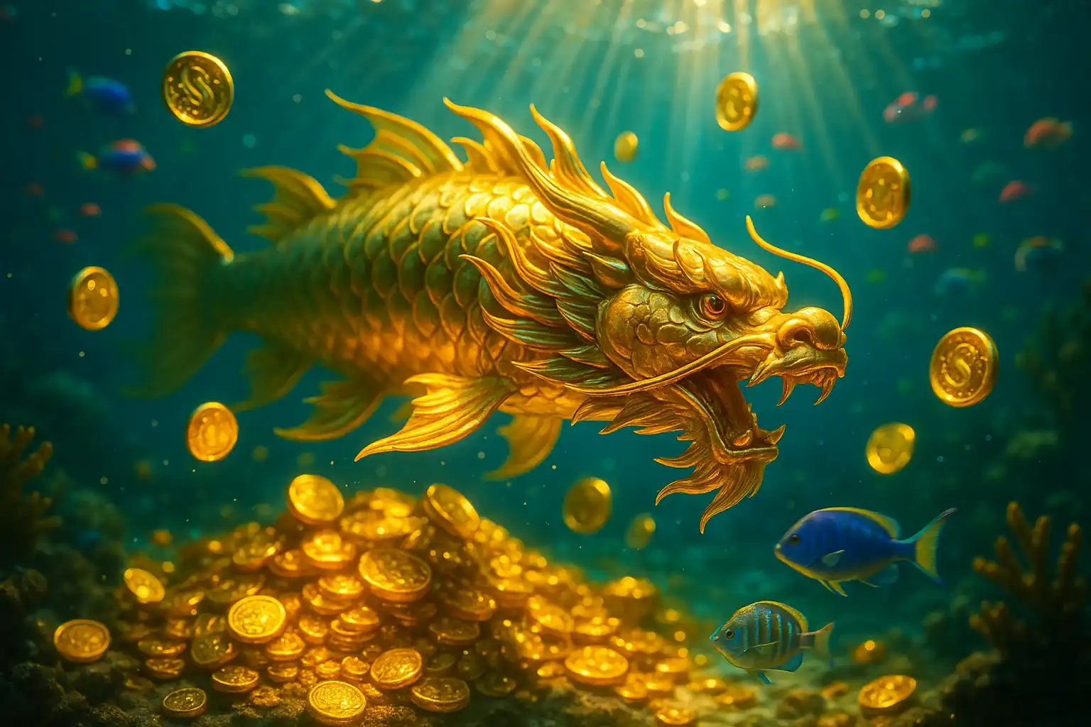 Hyperrealistic underwater golden dragon fish surrounded by coins and treasure
