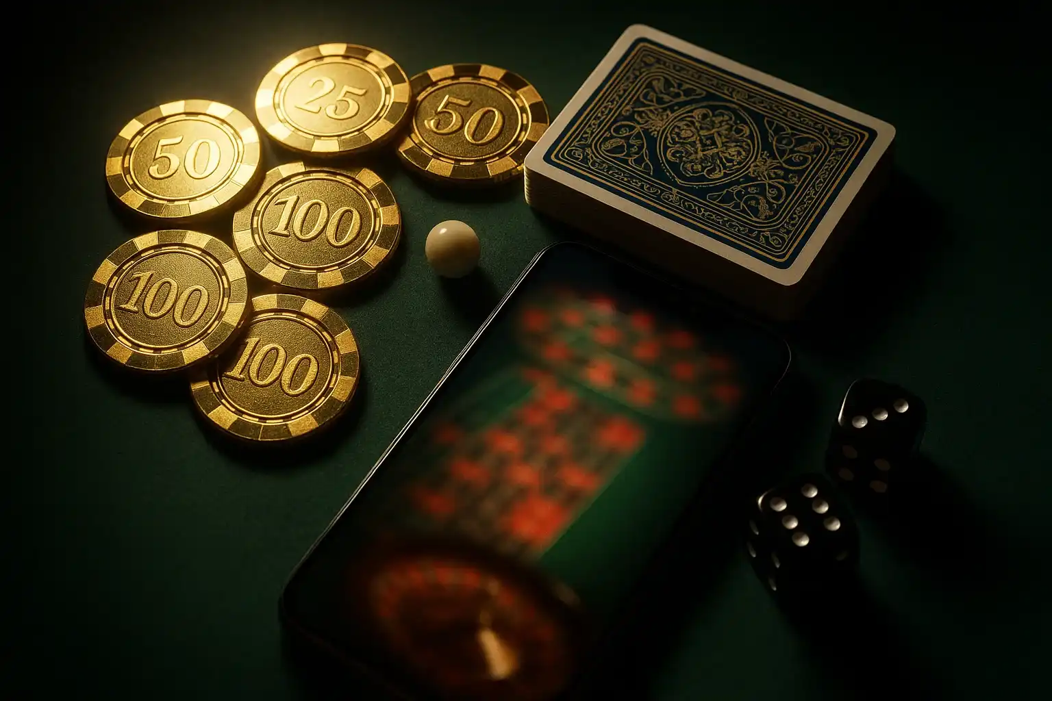Top-down premium casino table with gold chips, cards, dice, roulette ball, smartphone