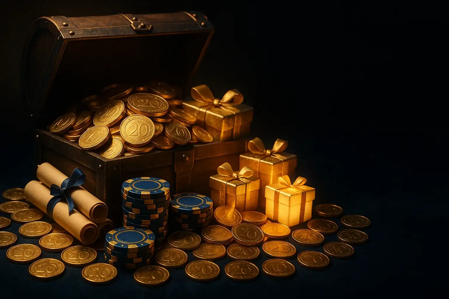 Overflowing treasure chest with gold coins, casino chips, vouchers, and gift boxes