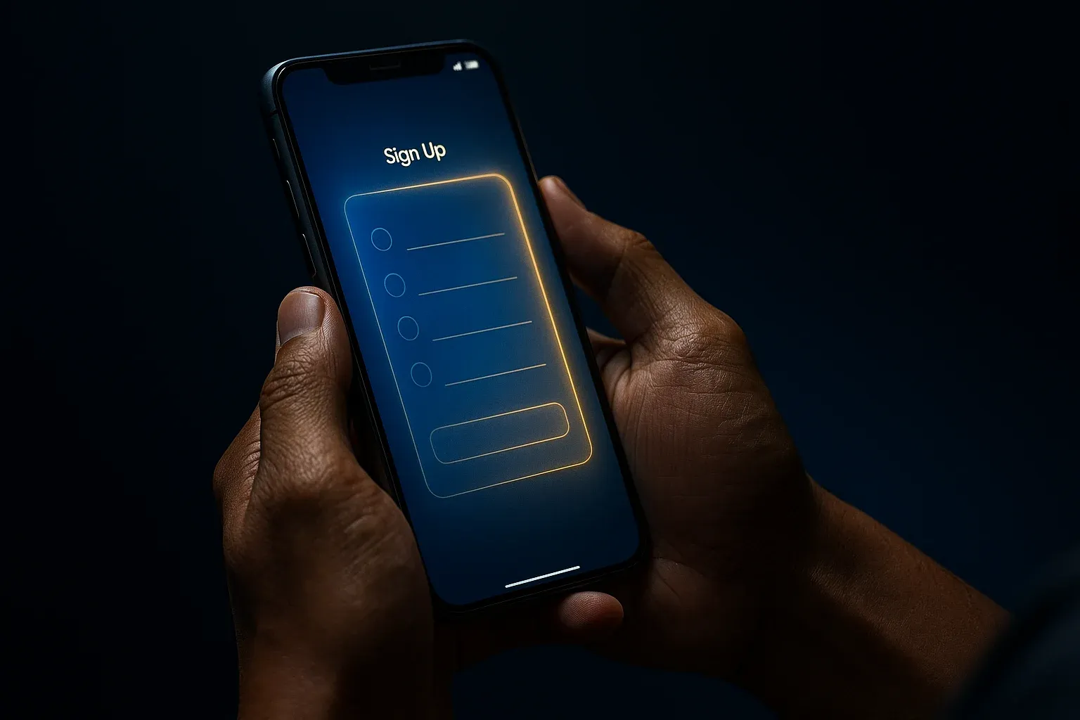 Filipino man hands holding smartphone with blurred registration screen, blue gold glow
