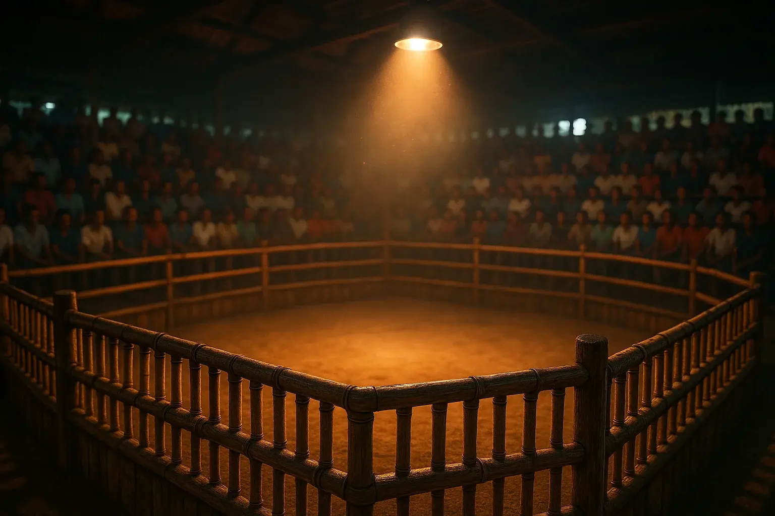 Hyperrealistic wide shot of Philippine sabong cockpit with spotlighted empty sand pit