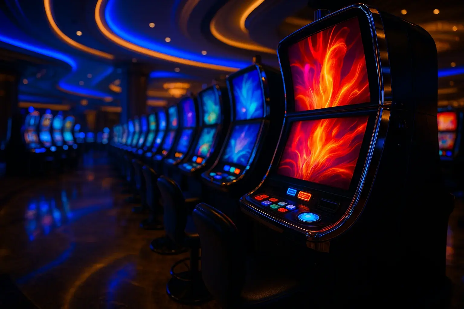 Premium Manila casino slots floor at night with blue and gold lighting