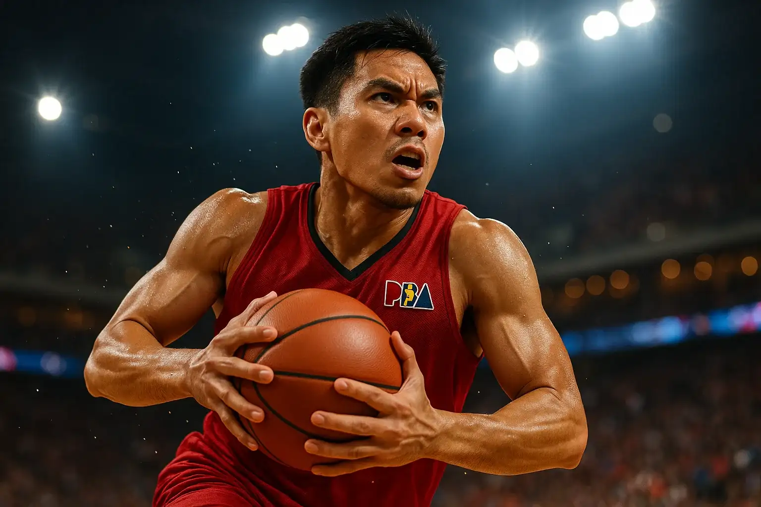 Filipino PBA player mid-air power drive, ball pressed to chest